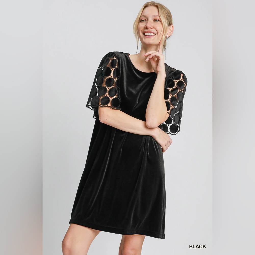 Umgee Black Velvet Mini Dress with Eyelet Sleeves